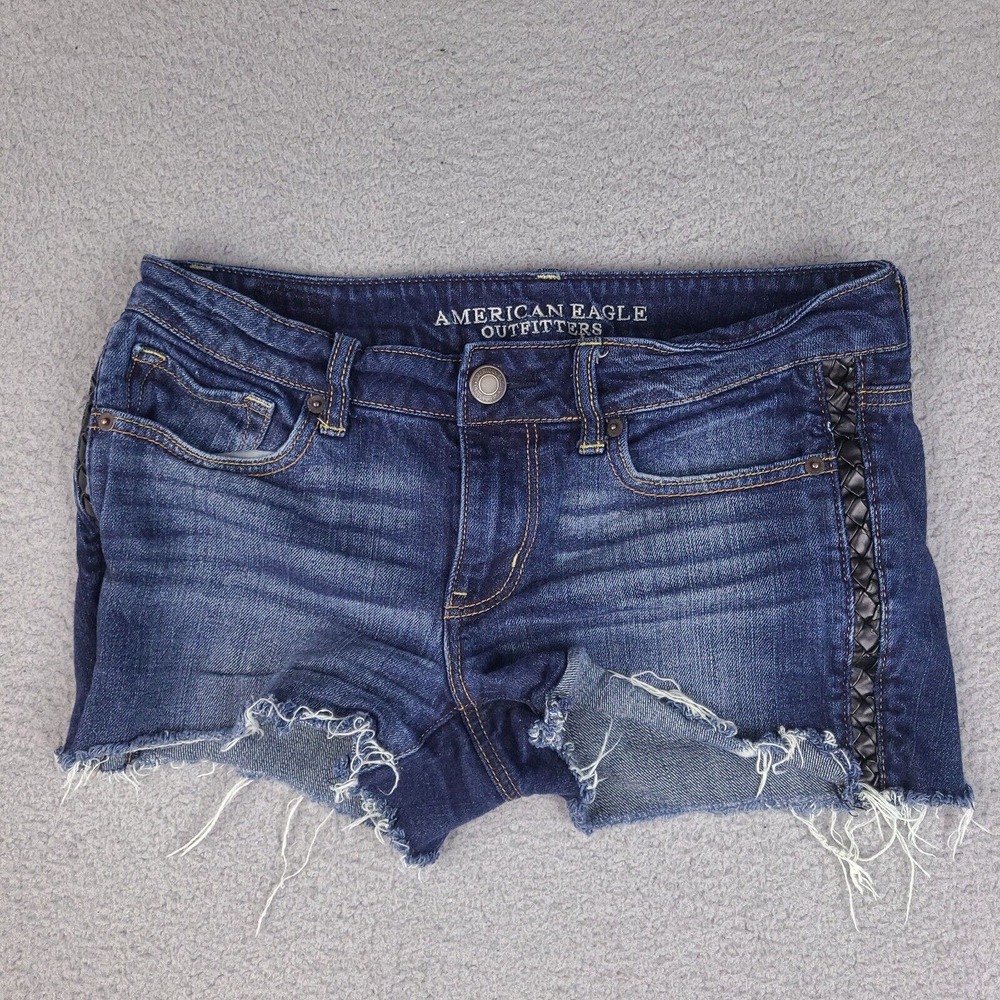 American Eagle Shorts Womens Size 8 Cut Off Leather‎ Trim Whiskered Faded Denim